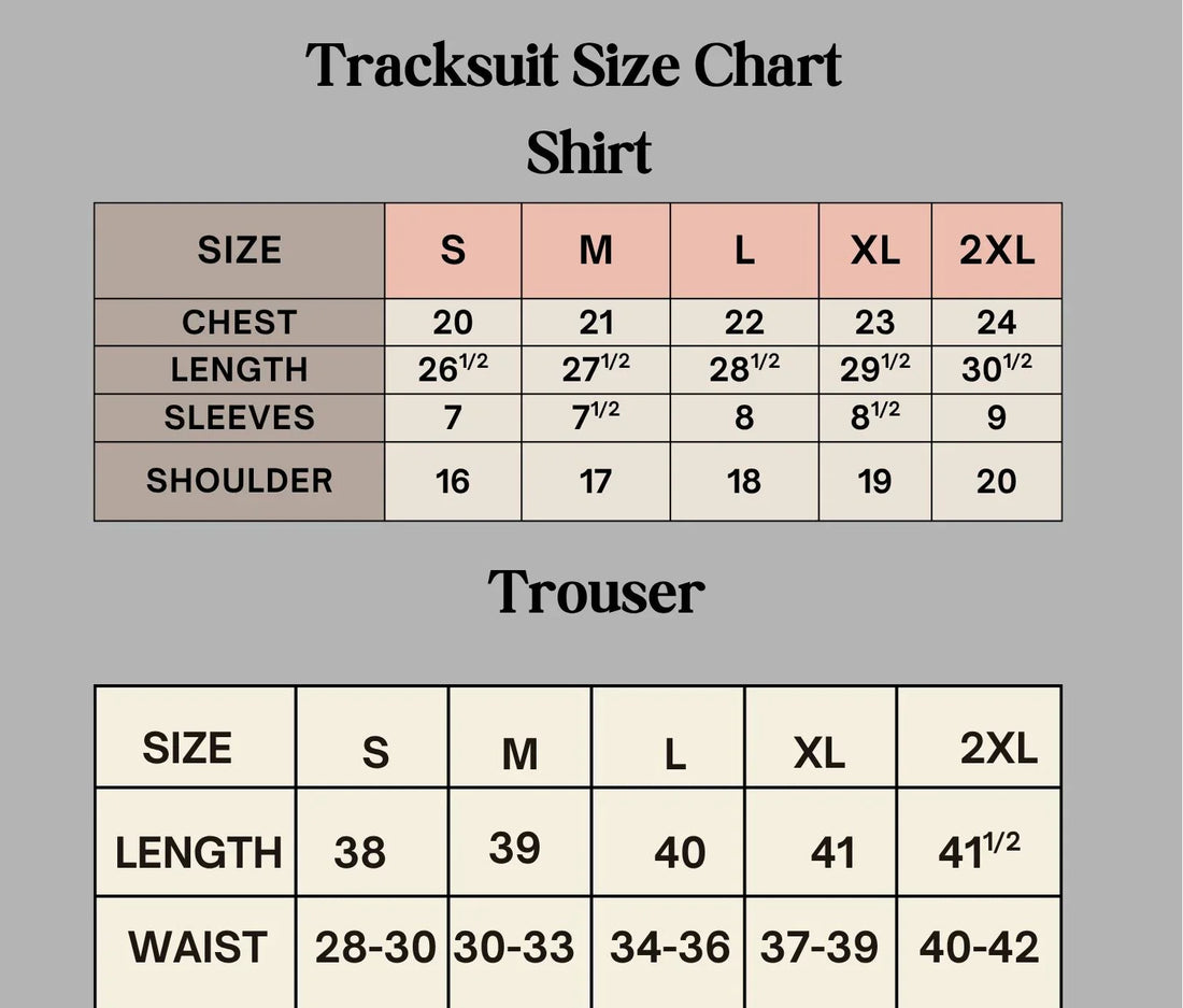 Klyro Summer Tracksuit Size Chart for Pakistani Men – S, M, L, XL, 2XL