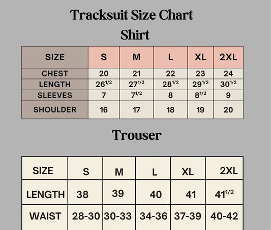 Klyro Summer Tracksuit Size Chart for Pakistani Men – S, M, L, XL, 2XL