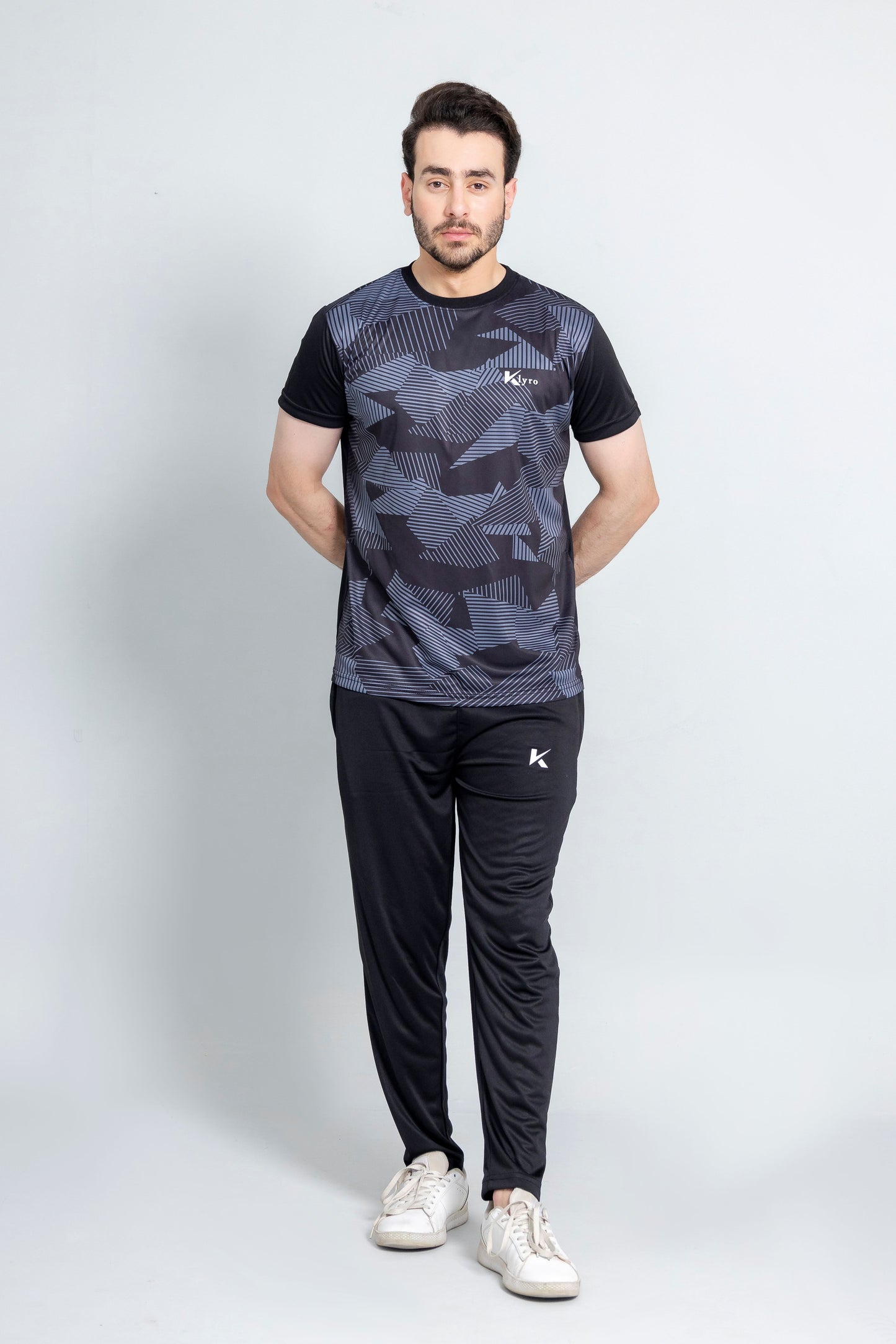 "Grey Matrix tracksuit back view lightweight fabric KLYRO"