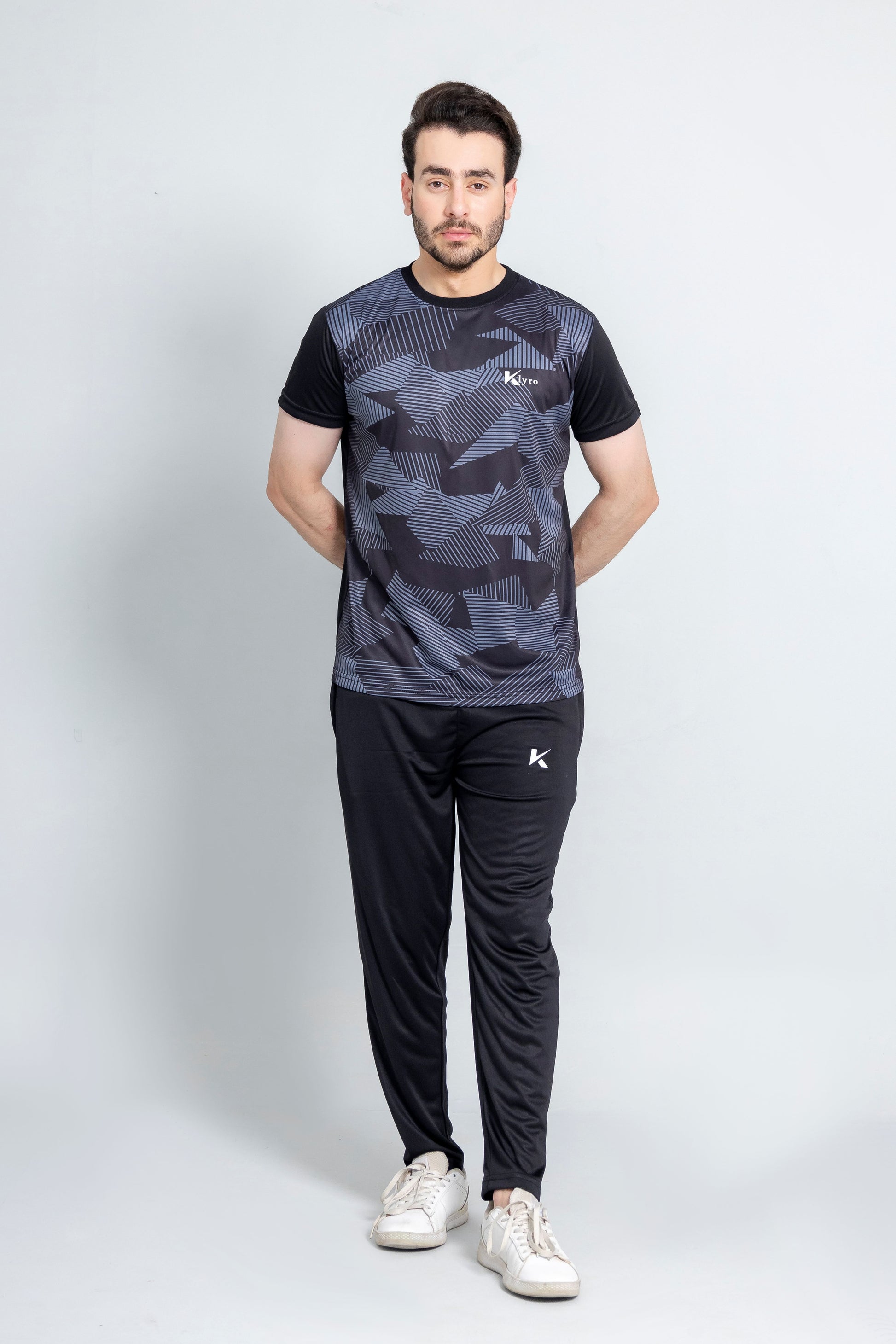 "Grey Matrix tracksuit back view lightweight fabric KLYRO"