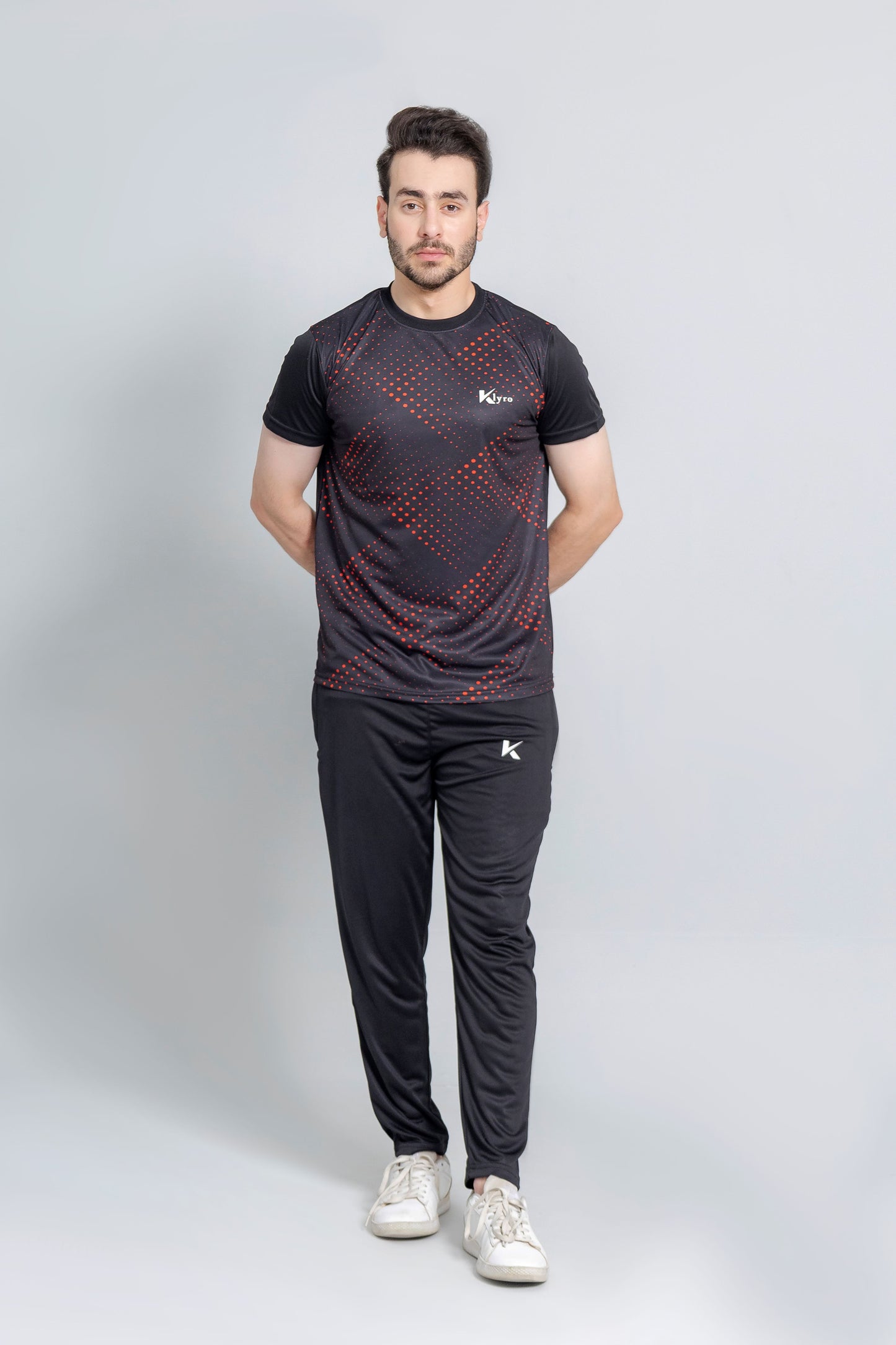 "Crimson Eclipse dri fit tracksuit black red breathable gym Pakistan KLYRO"
